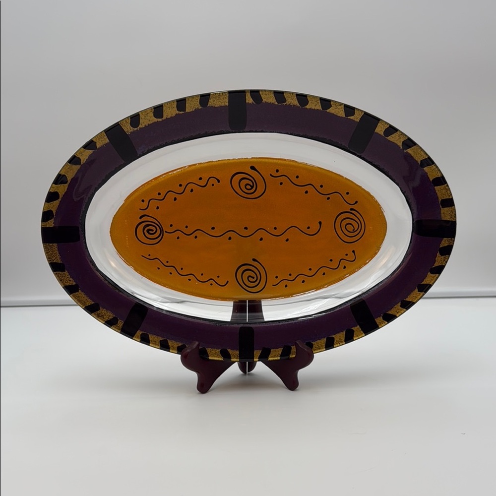 Kay Young Hand painted Elegant Oval Ceramic Platter with Purple and Gold Design
